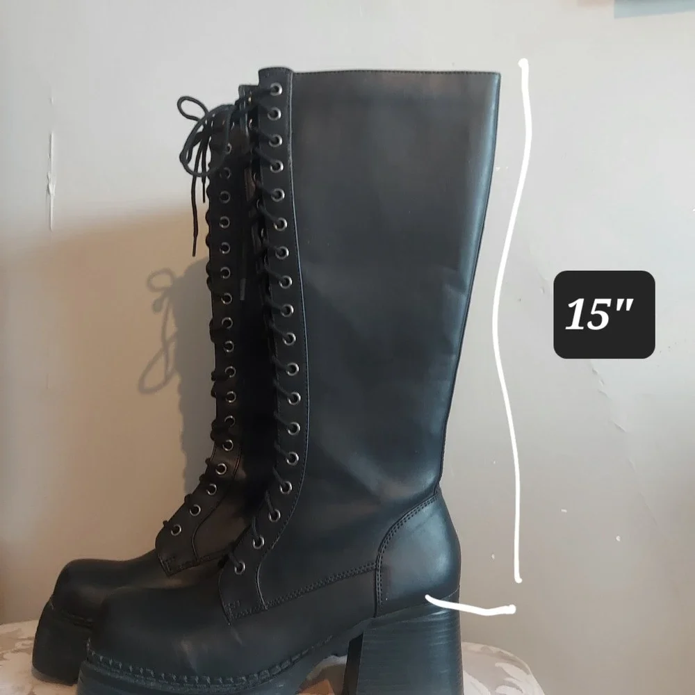 Fashion Bug Trelis Black Platform Boots Lace Up Knee High Chunky Heel 9.5M 3801